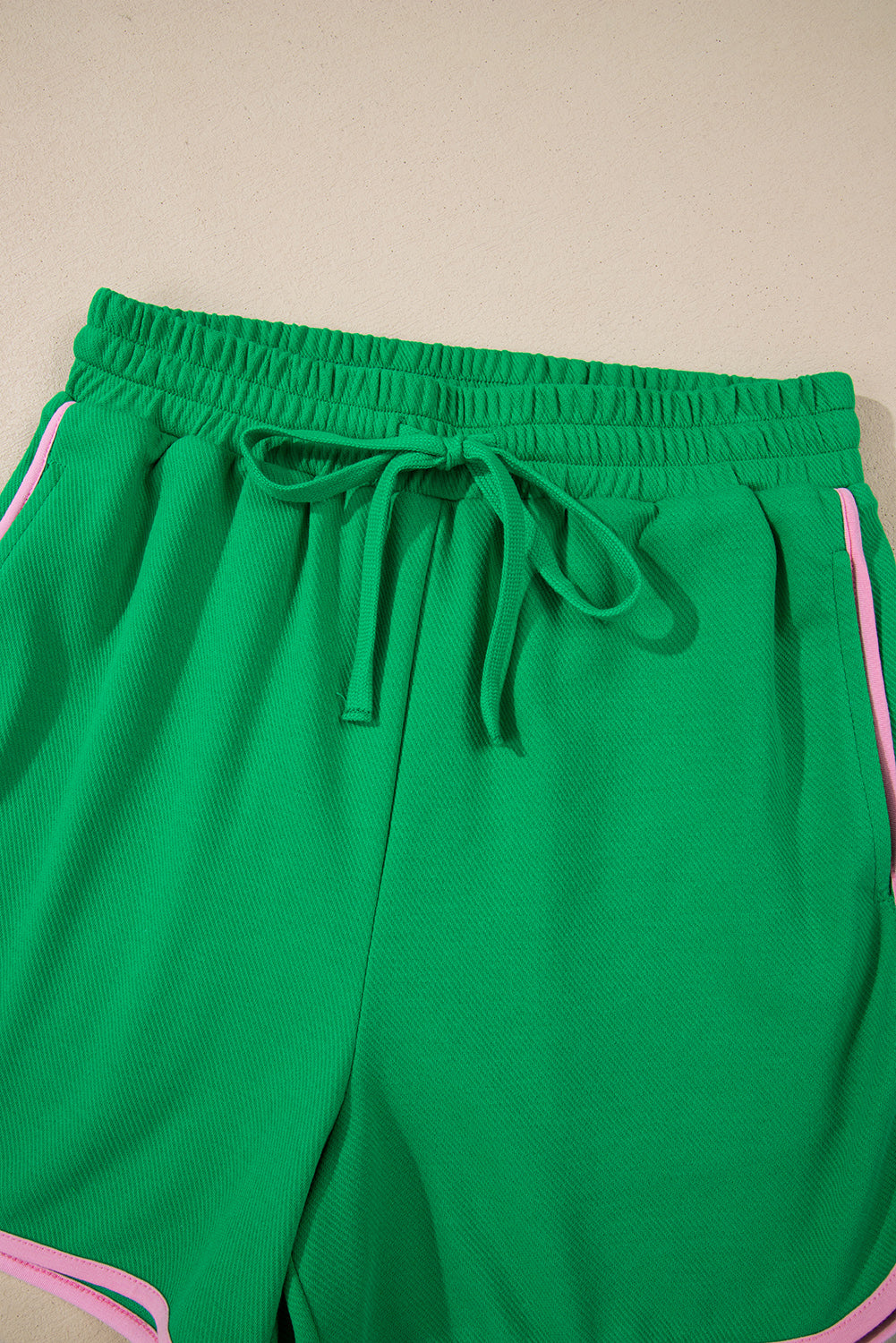 Green Contrast Trim Textured Tee and Shorts Set