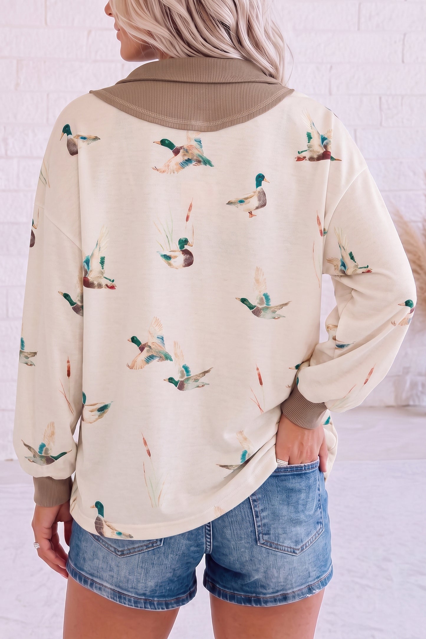Mallard Duck Print Quarter-Zip Fleece Sweatshirt