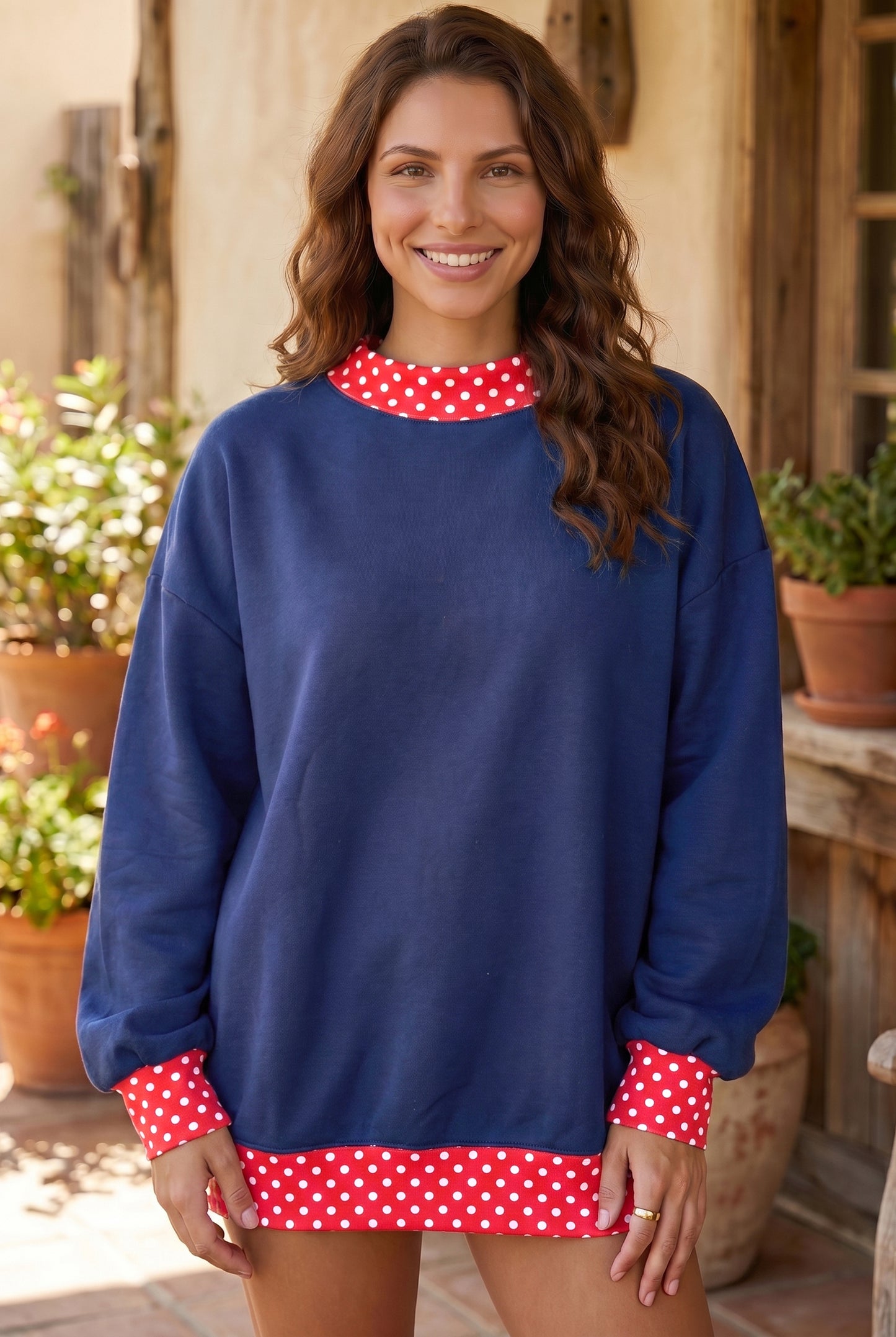 Polka Dot Trim Oversized Sweatshirt
