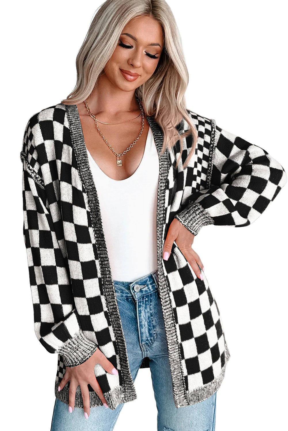 Checkered Open Front Cardigan