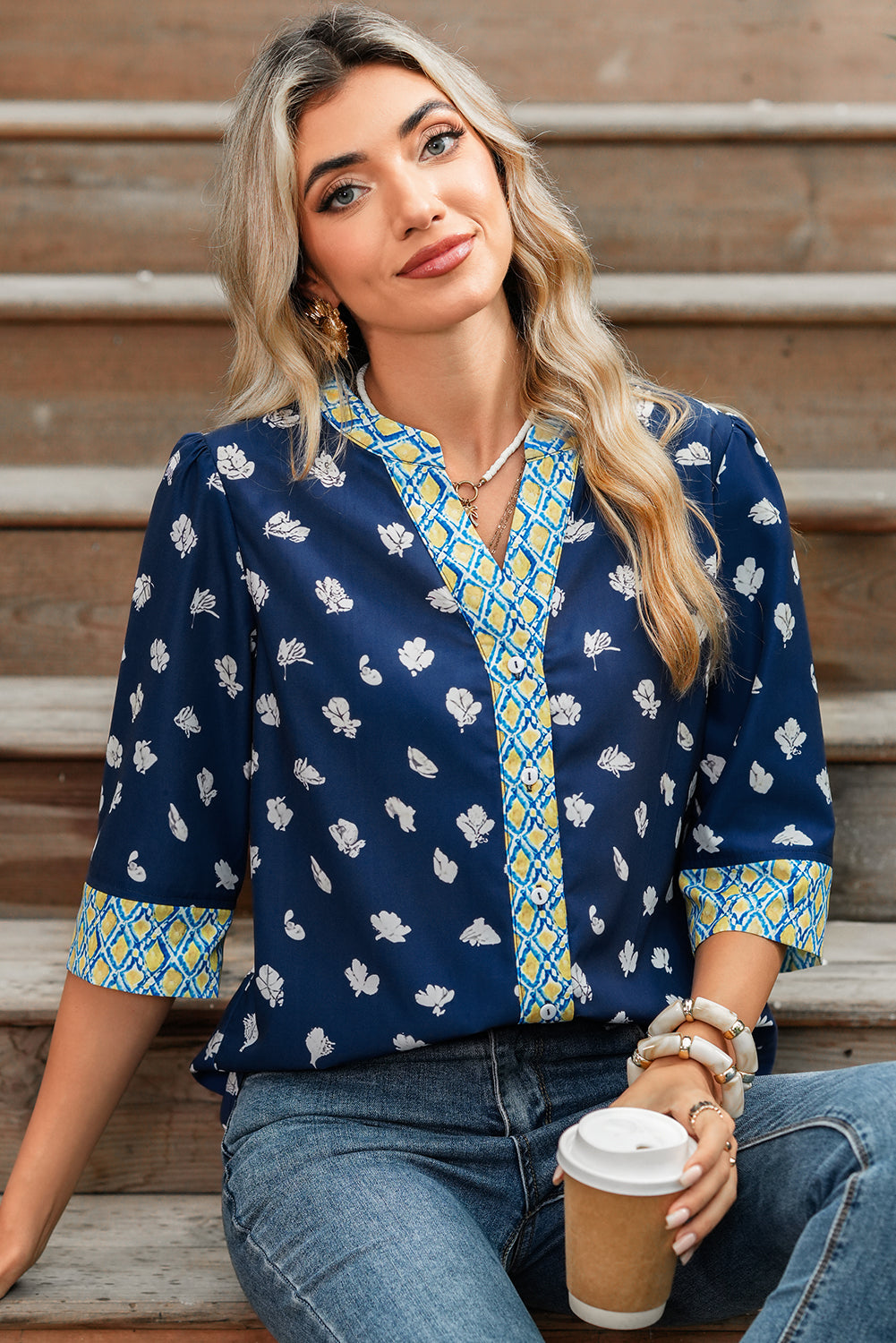 Floral Print Pop of Color Blouse
