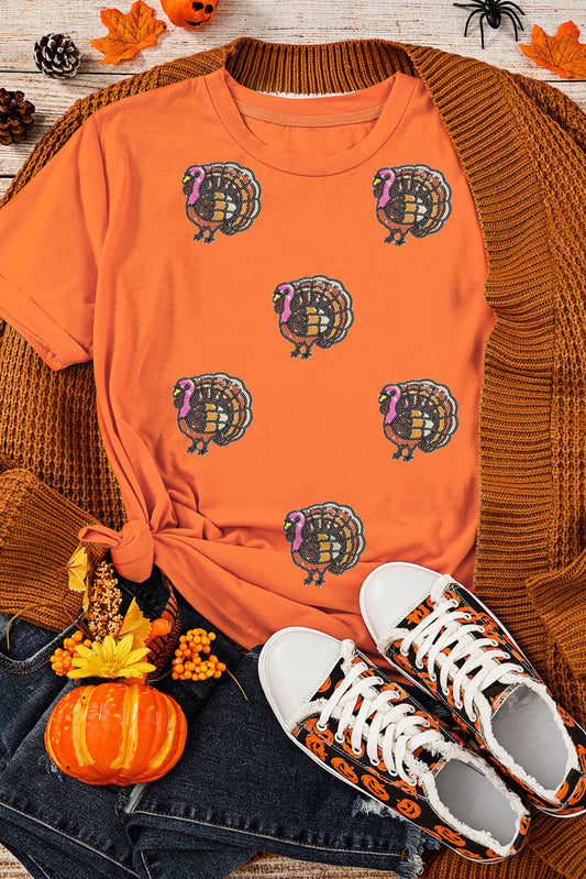 Orange Sequin Thanksgiving Turkey T Shirt