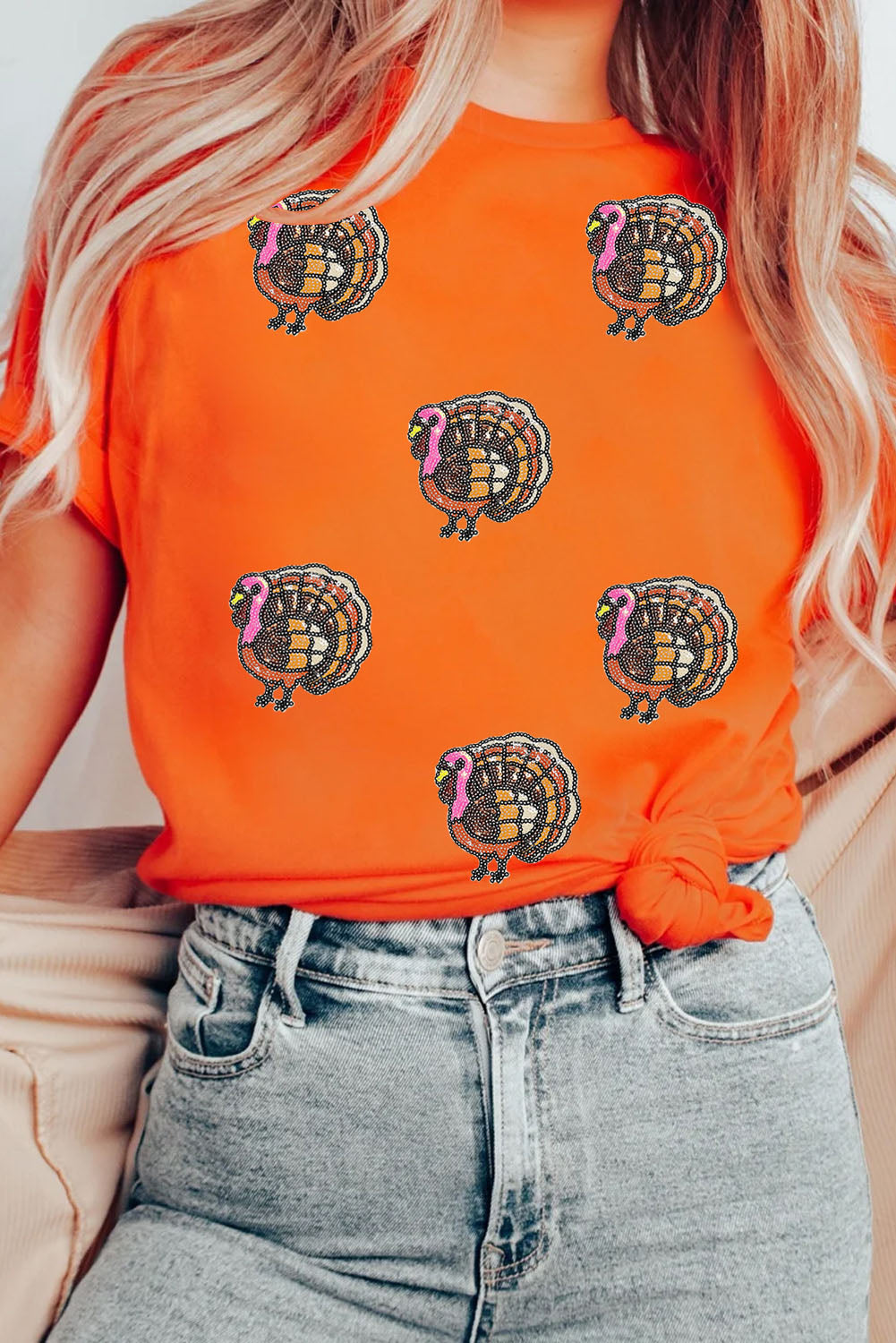 Orange Sequin Thanksgiving Turkey T Shirt