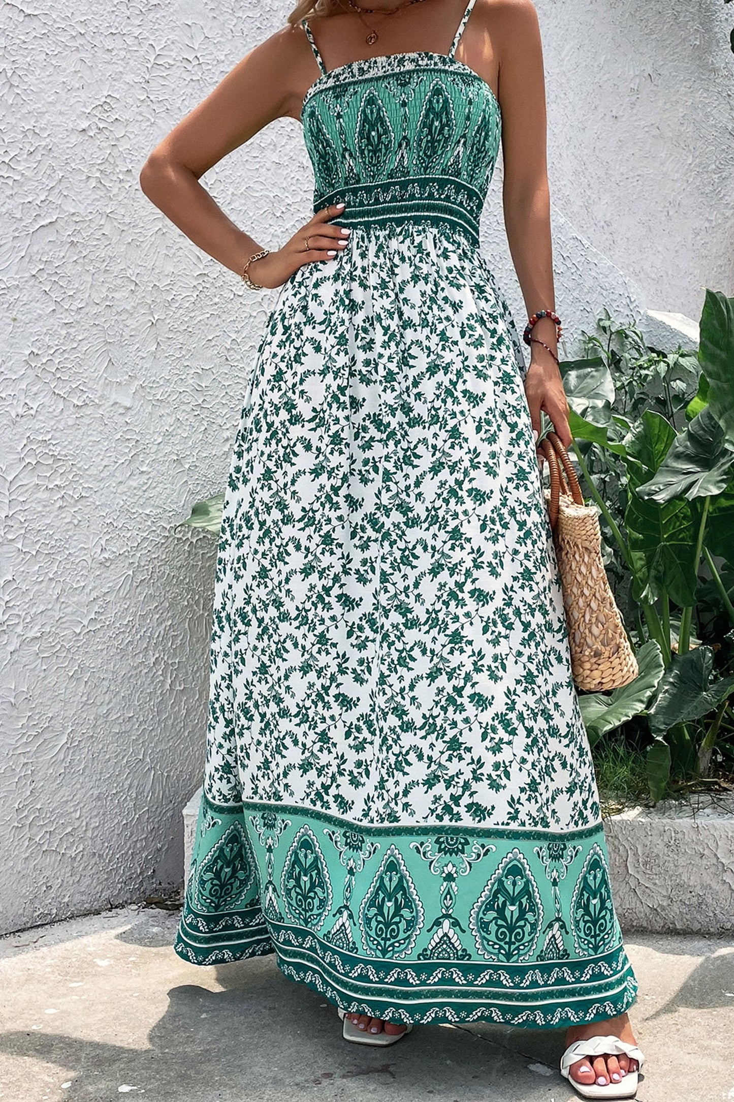 Green Boho Floral Maxi  Dress