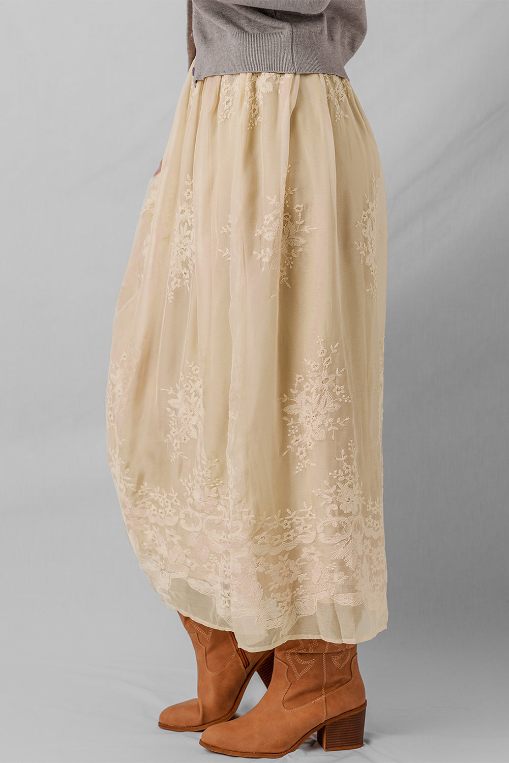 Oatmeal Embroidered Long Skirt