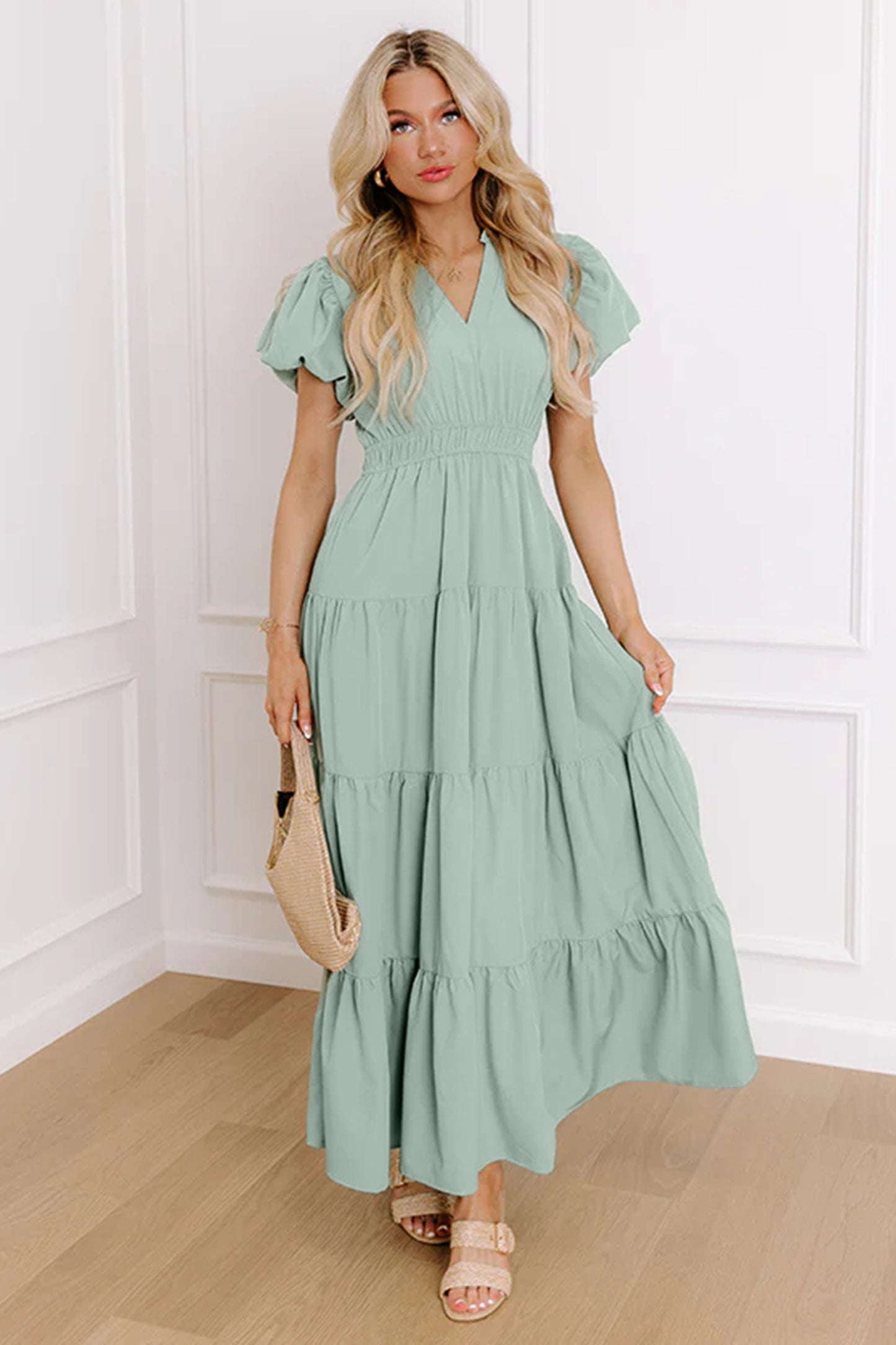 Solid Color V Neck Maxi Dress
