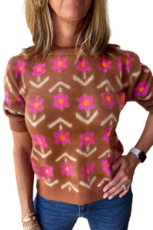 Brown Floral Short Sleeve Sweater