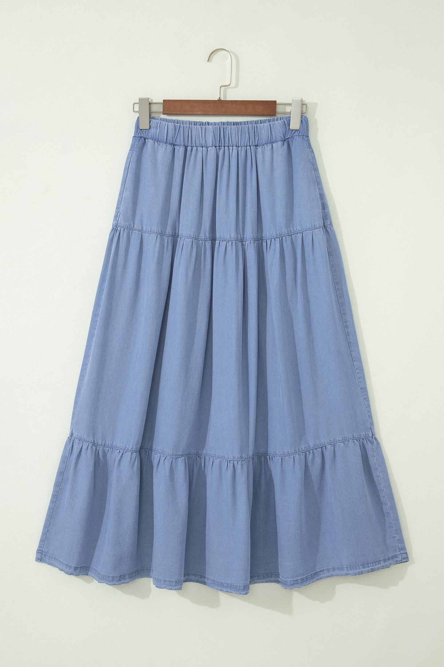Tiered Flared Denim Maxi Skirt