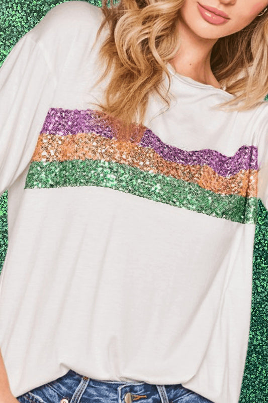 Sequin Striped Mardi Gras Crewneck T Shirt