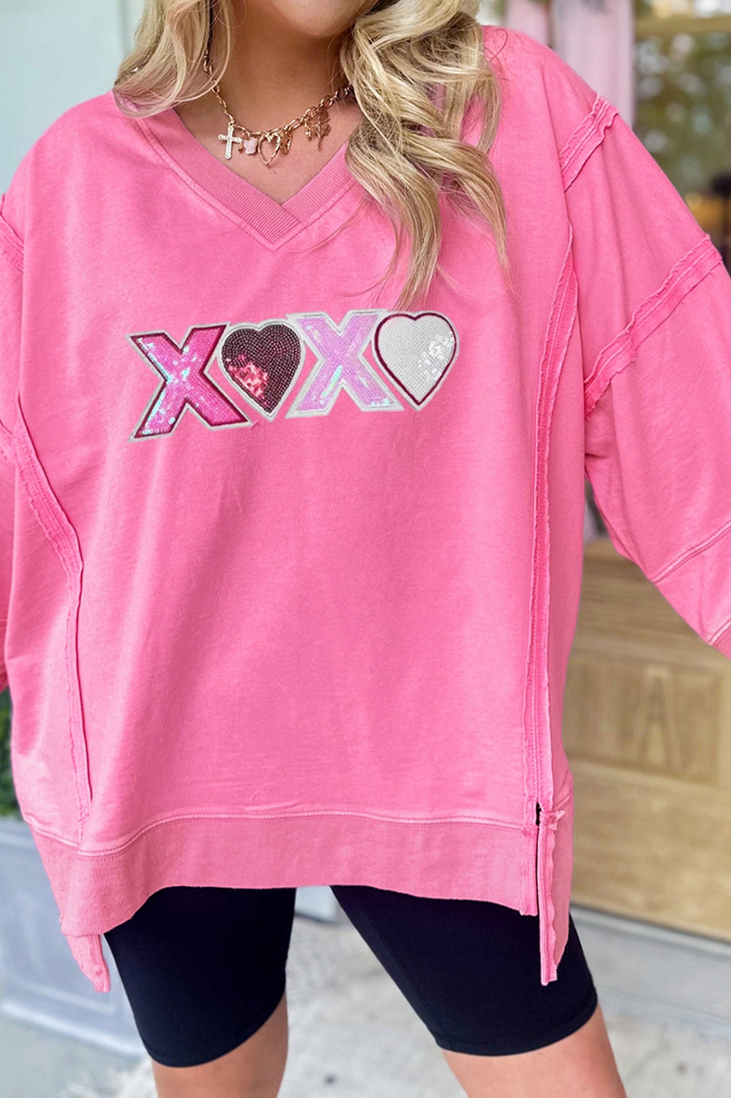 Pink Sequin XOXO Raw Seamed Top