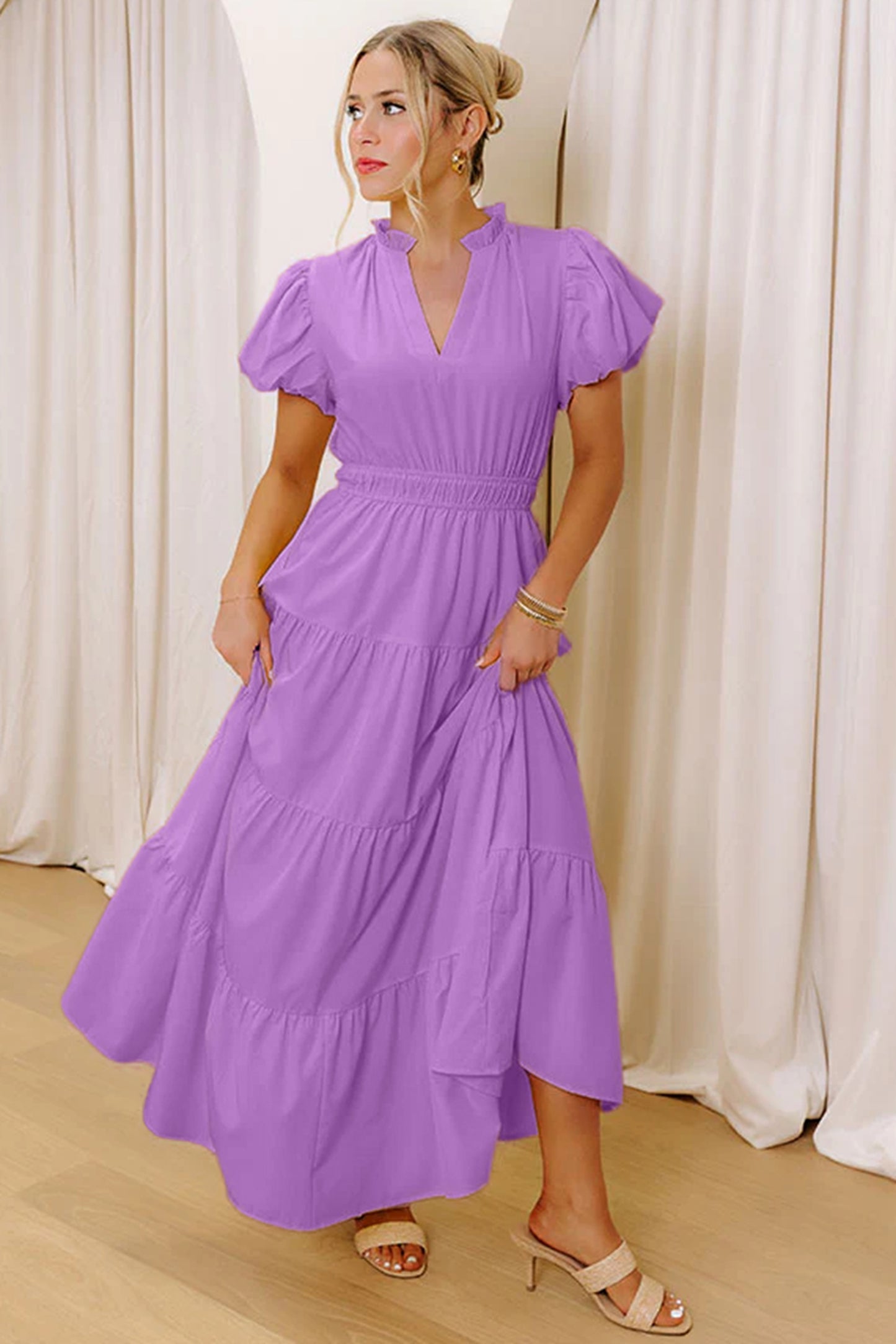 Solid Color V Neck Maxi Dress