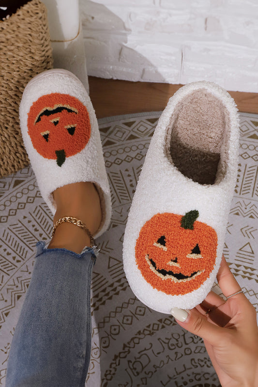 White Halloween Pumpkin Plush Slippers