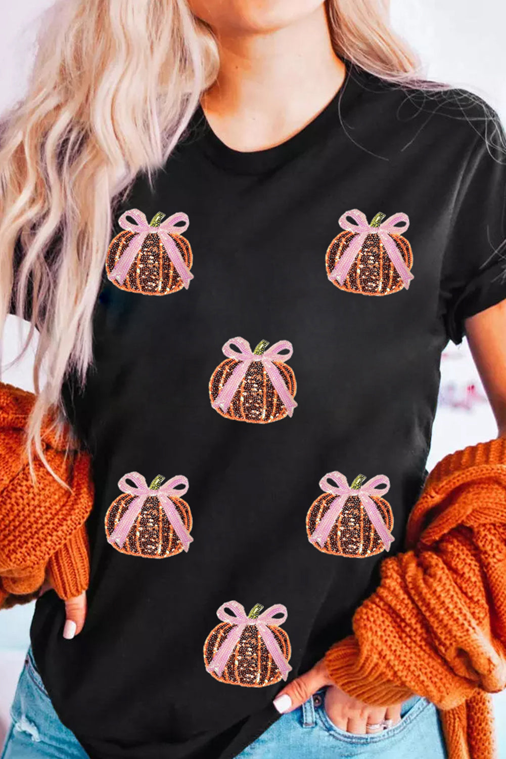 Black Sequin Bow & Pumpkin T Shirt