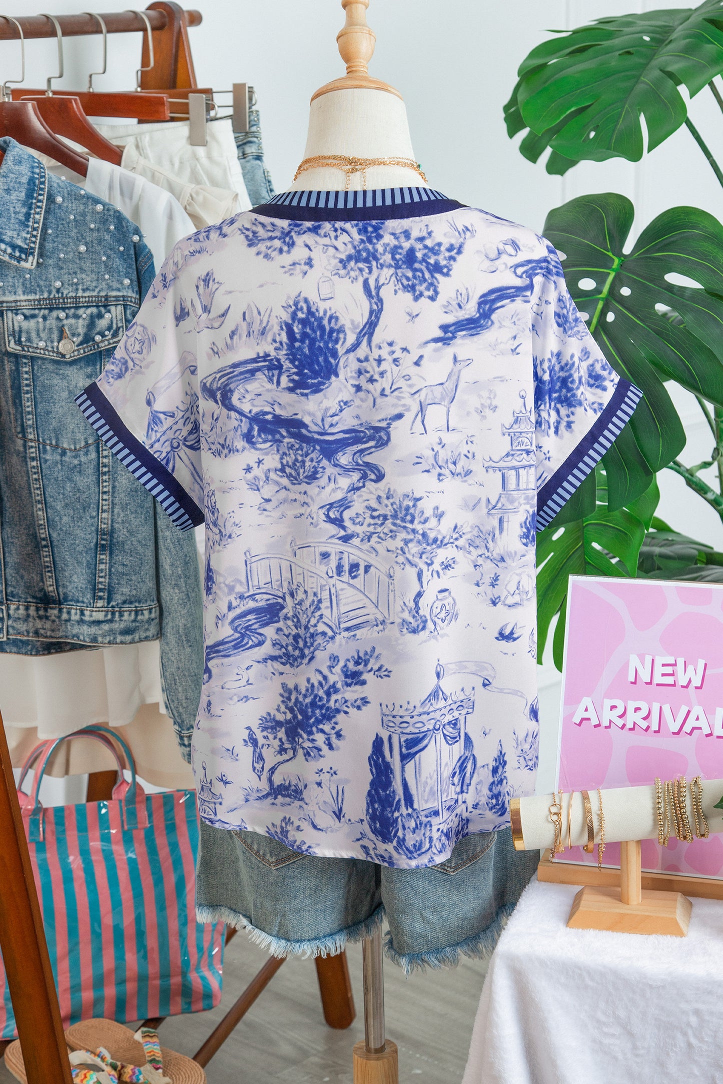 Blue Toile V-Neck Blouse