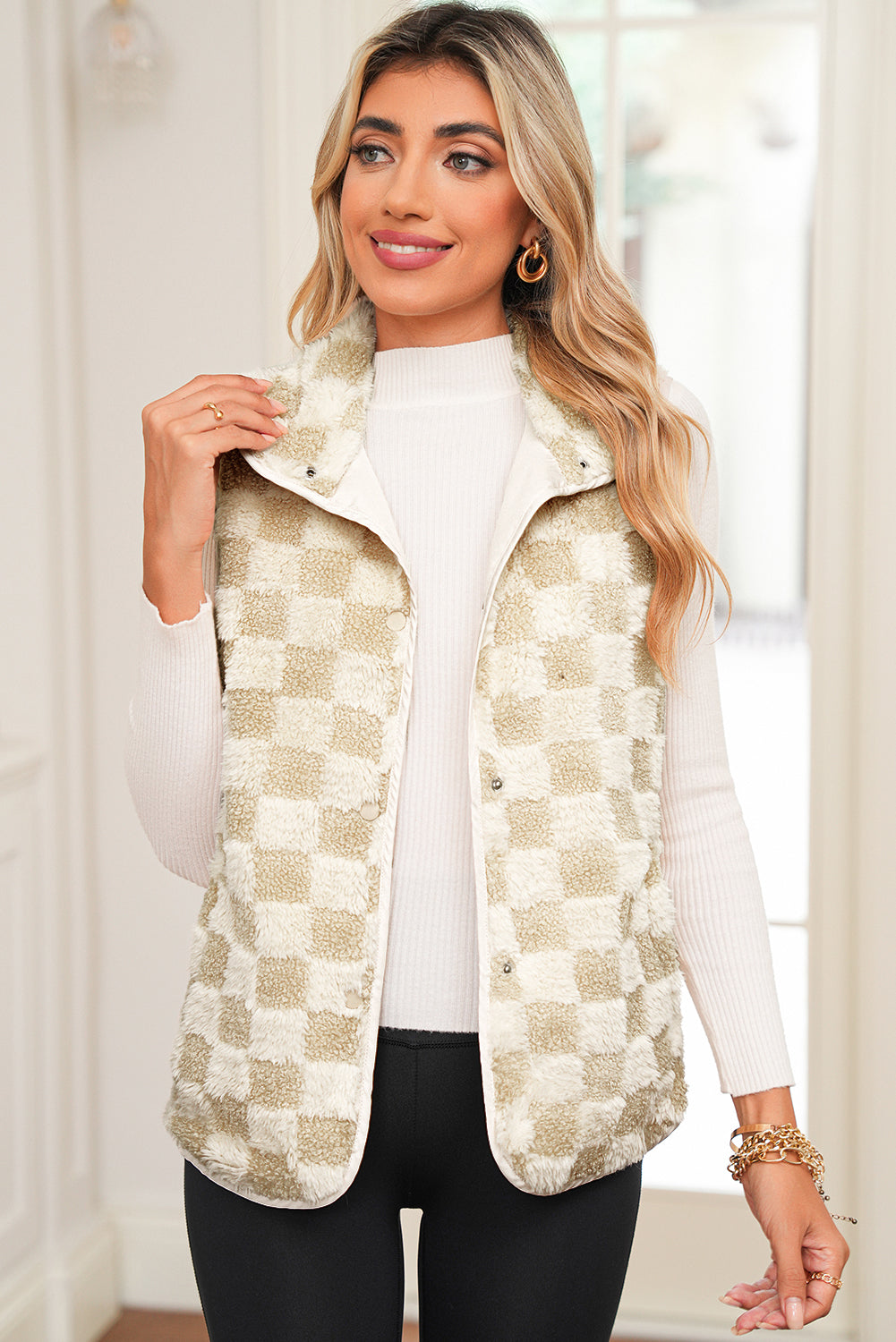 Khaki Sherpa Checkerboard Vest