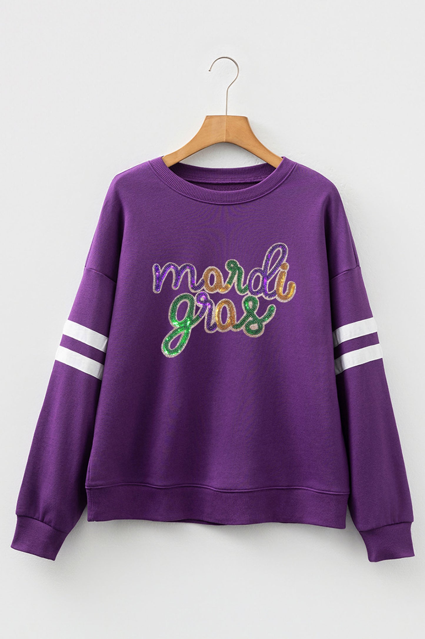Purple Sequin Mardi Gras Varsity Sweatshirt