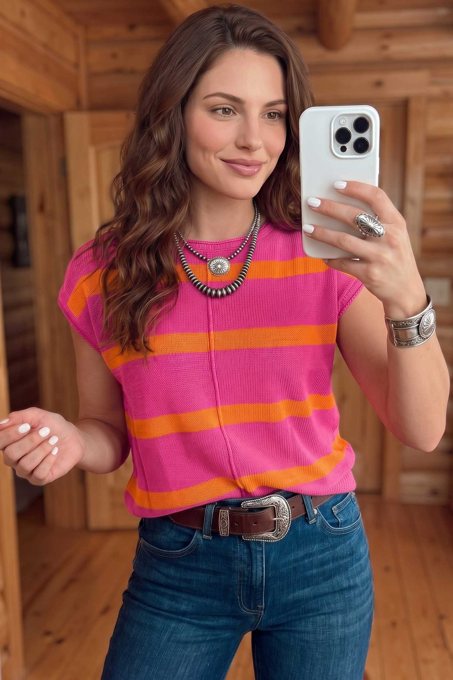 Western Stripe Short Sleeve Sweater