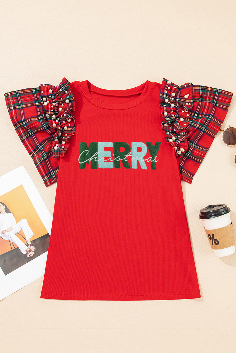 MERRY Pearled Plaid Ruffled Sleeve Tee