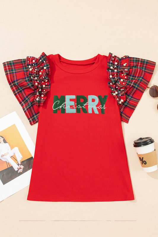 MERRY Pearled Plaid Ruffled Sleeve Tee