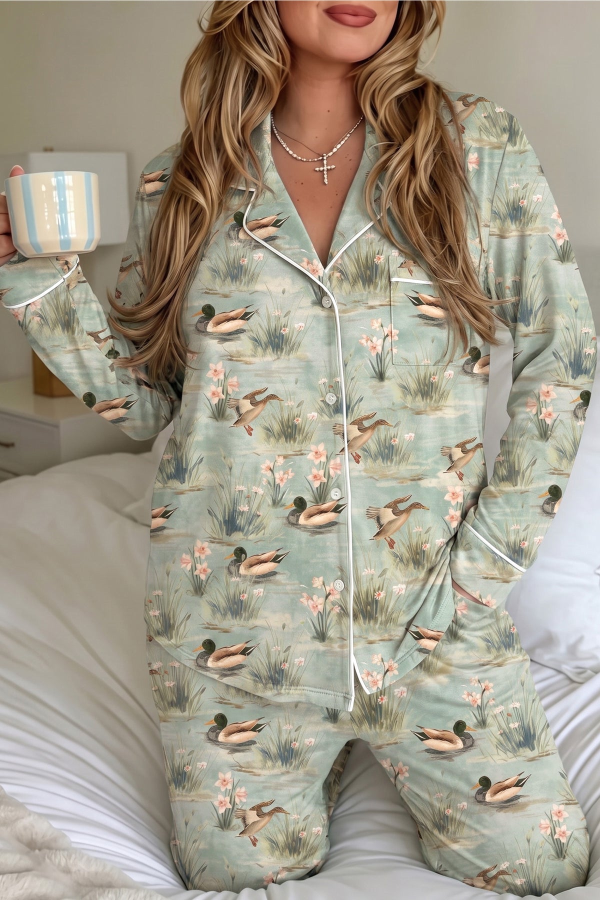 Green Floral Duck Print Pajama Set