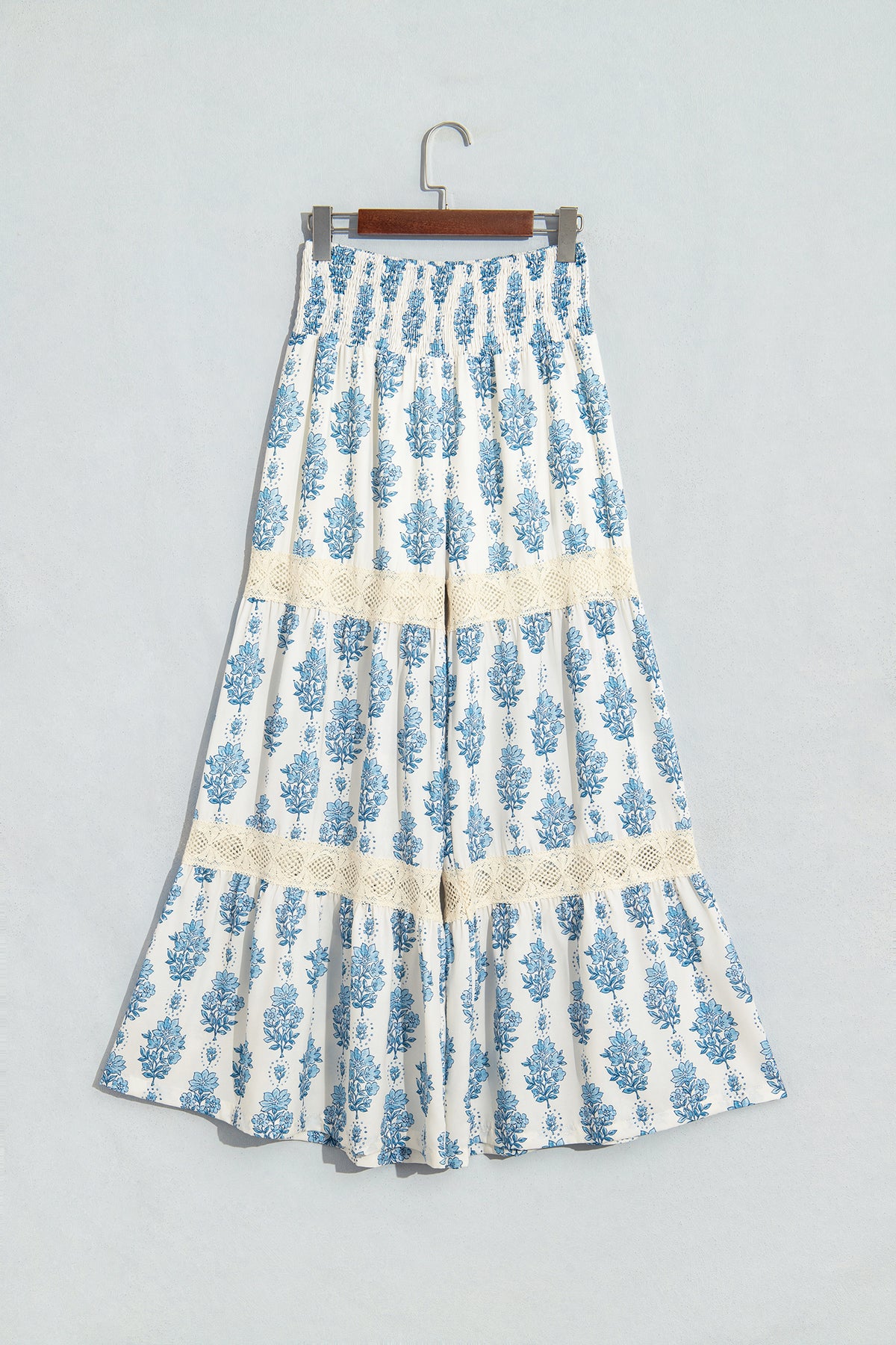 Blue Floral Leg Pants with Lace Detail