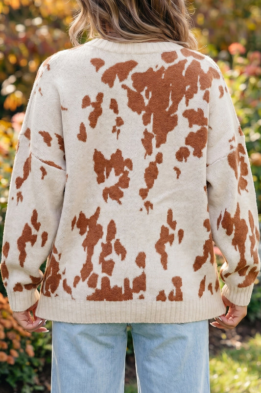 Khaki Cow Print Neck Sweater