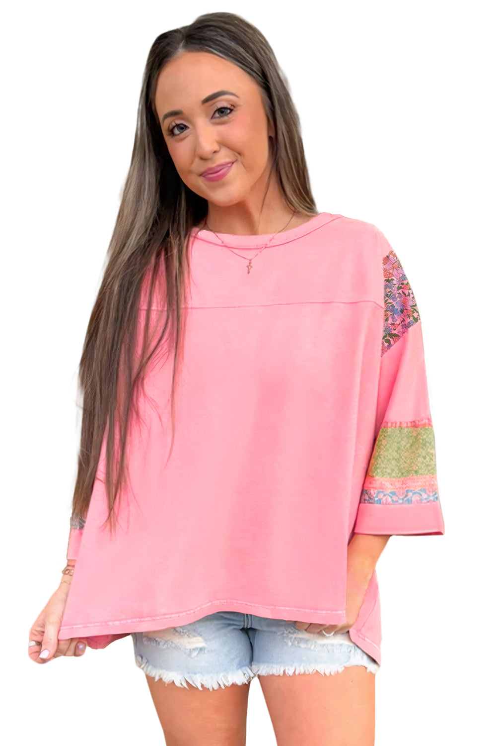 Pink Floral Patchwork Sleeve Top