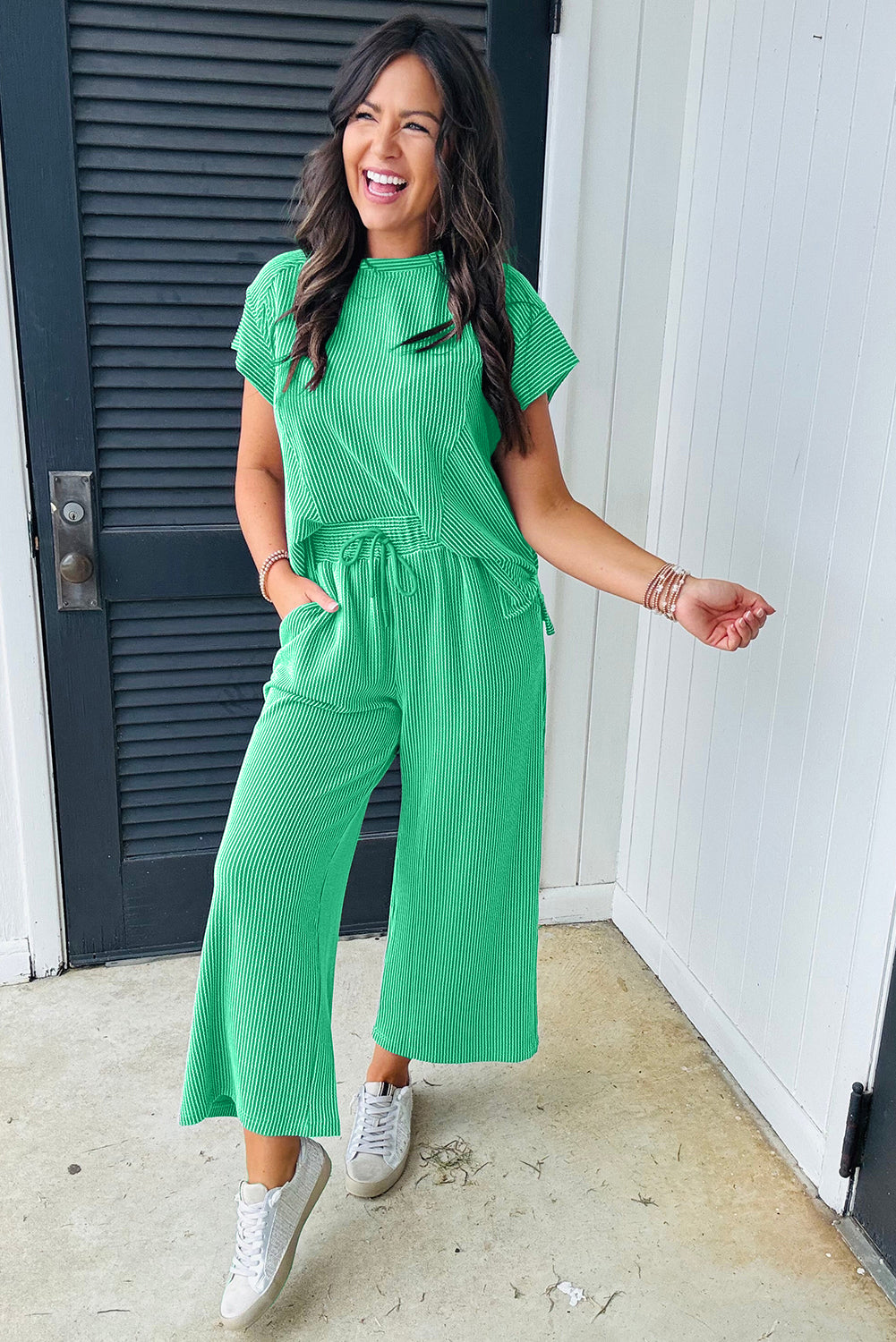 Bright Green Solid Corded Wide Leg Pants Set