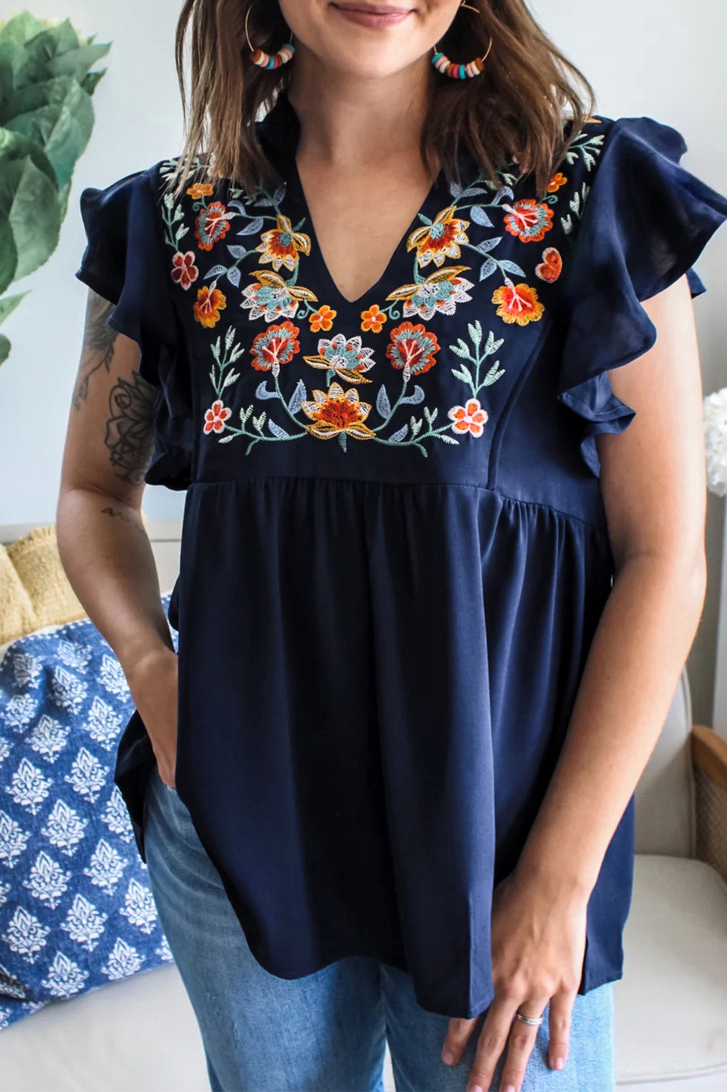 Floral Embroidered Babydoll Blouse