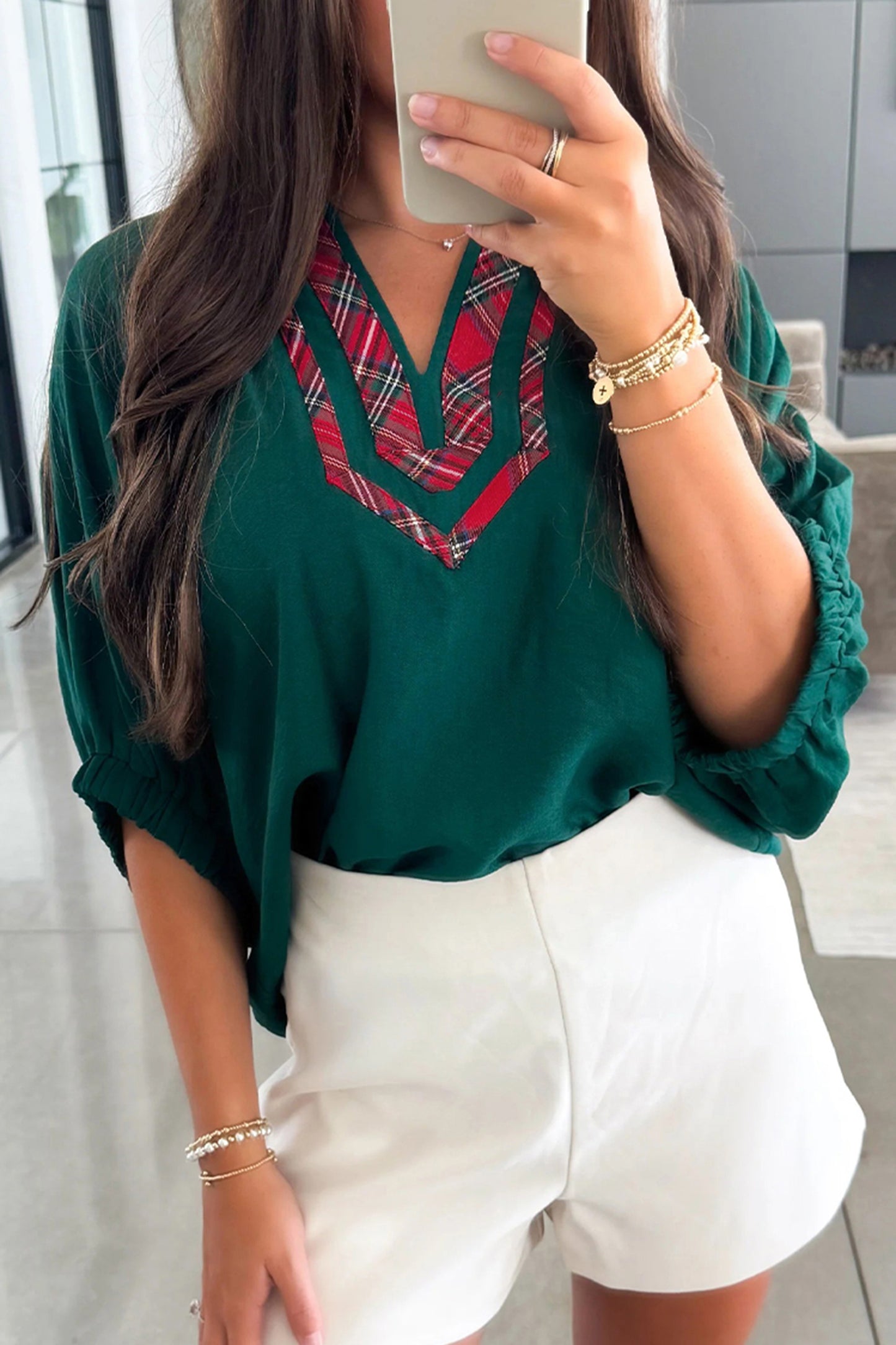 Evergreen Plaid Patchwork V Neck  Blouse