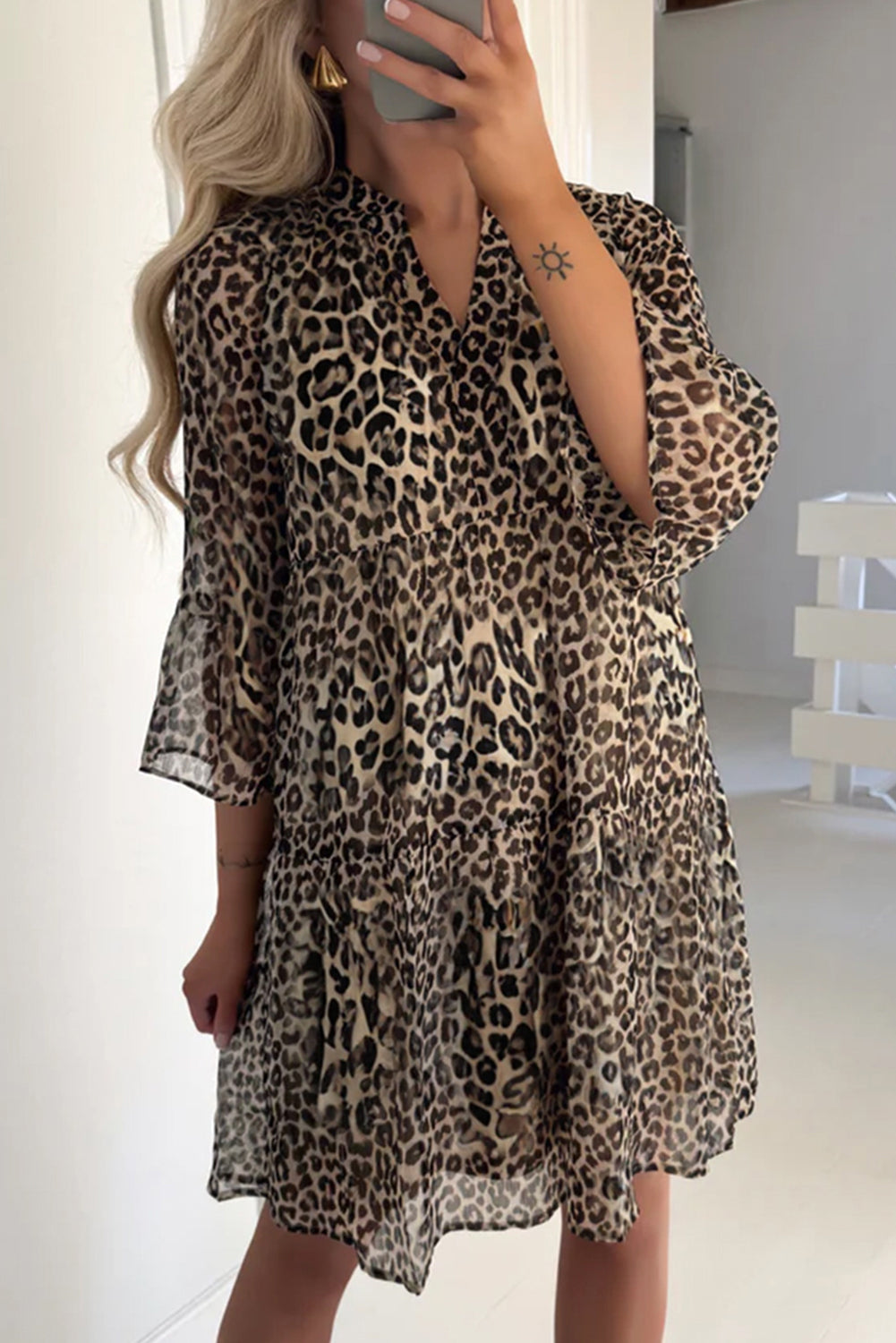 Leopard 3/4 Sleeve V Neck Swing Dress