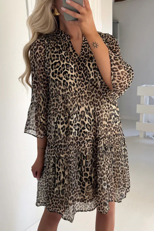 Leopard 3/4 Sleeve V Neck Swing Dress