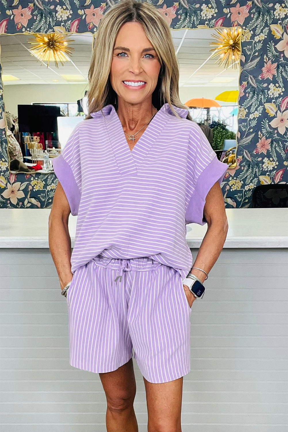Stripe Dolman Sleeve Top & Shorts Set