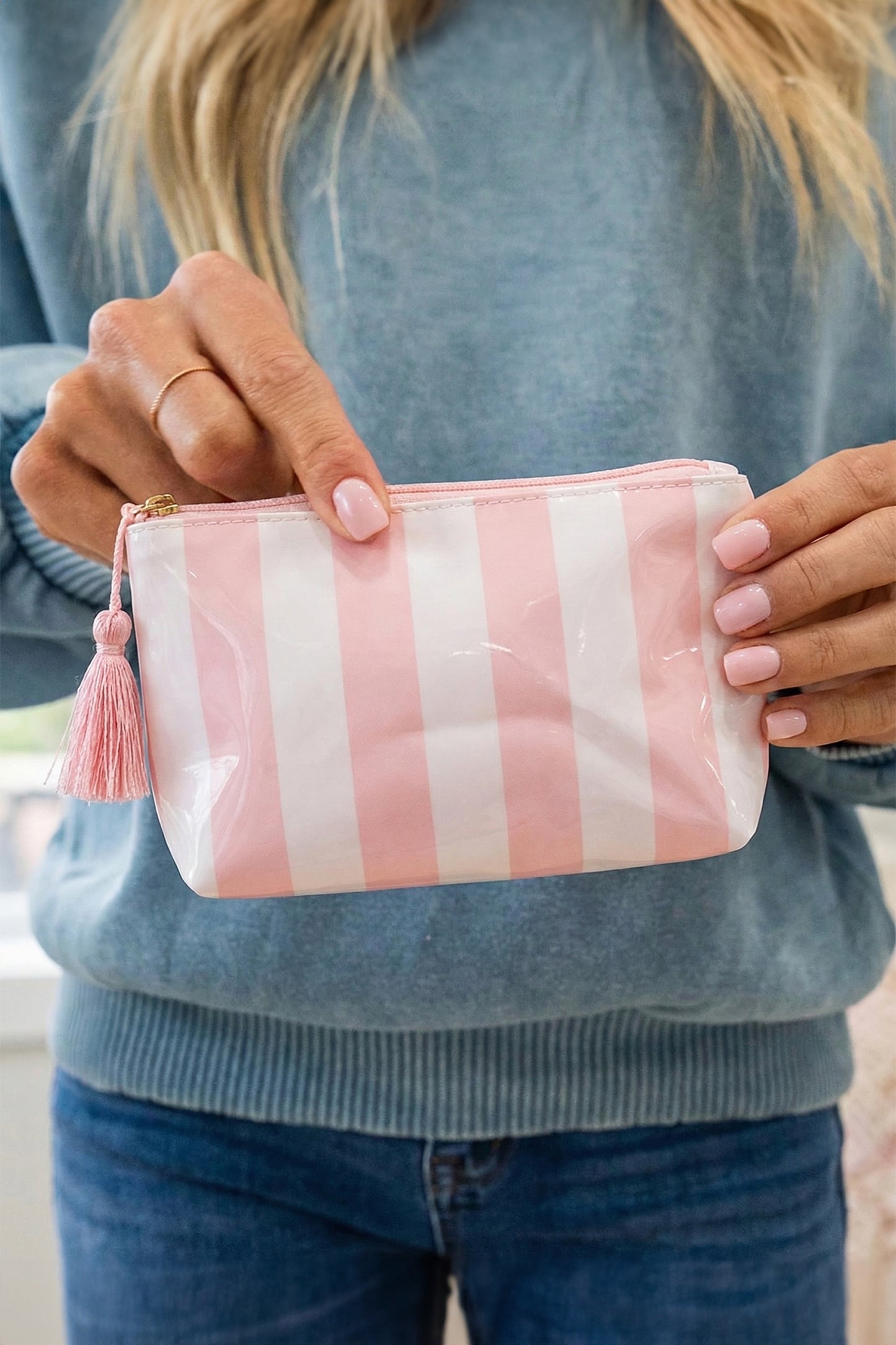 Striped Vinyl Waterproof  Zipper Bag