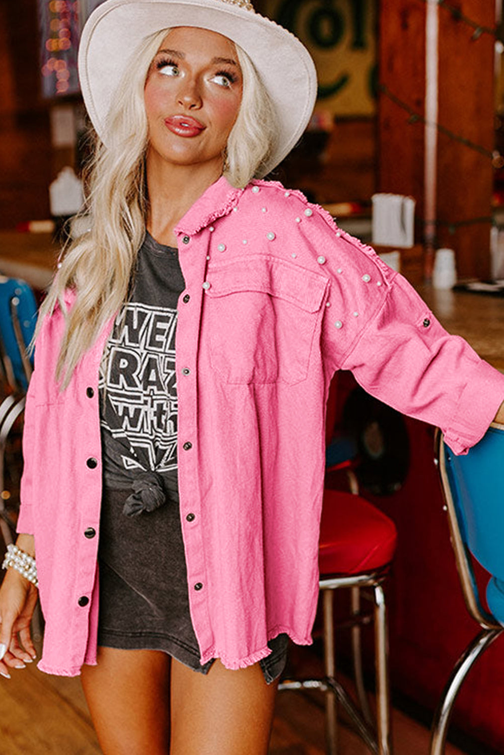 Pearl Trimmed Pink Denim Oversized Shirt