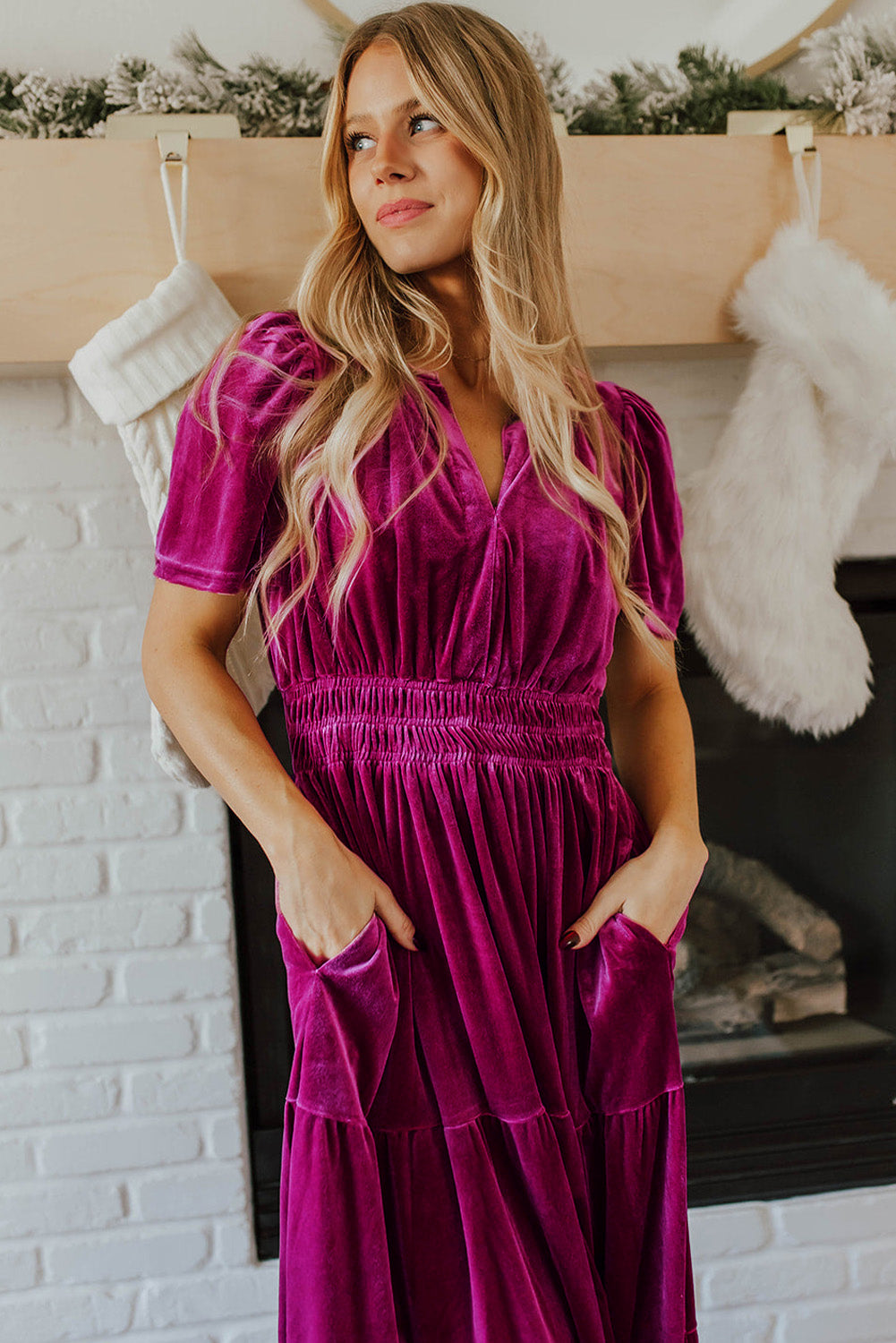 Velvet Smocked Waist Tiered Maxi Dress