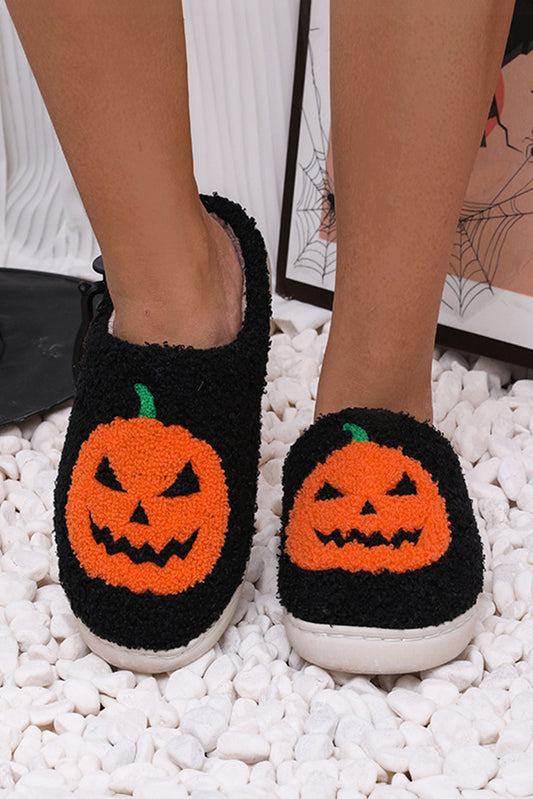Black Halloween Pumpkin Plush Slippers