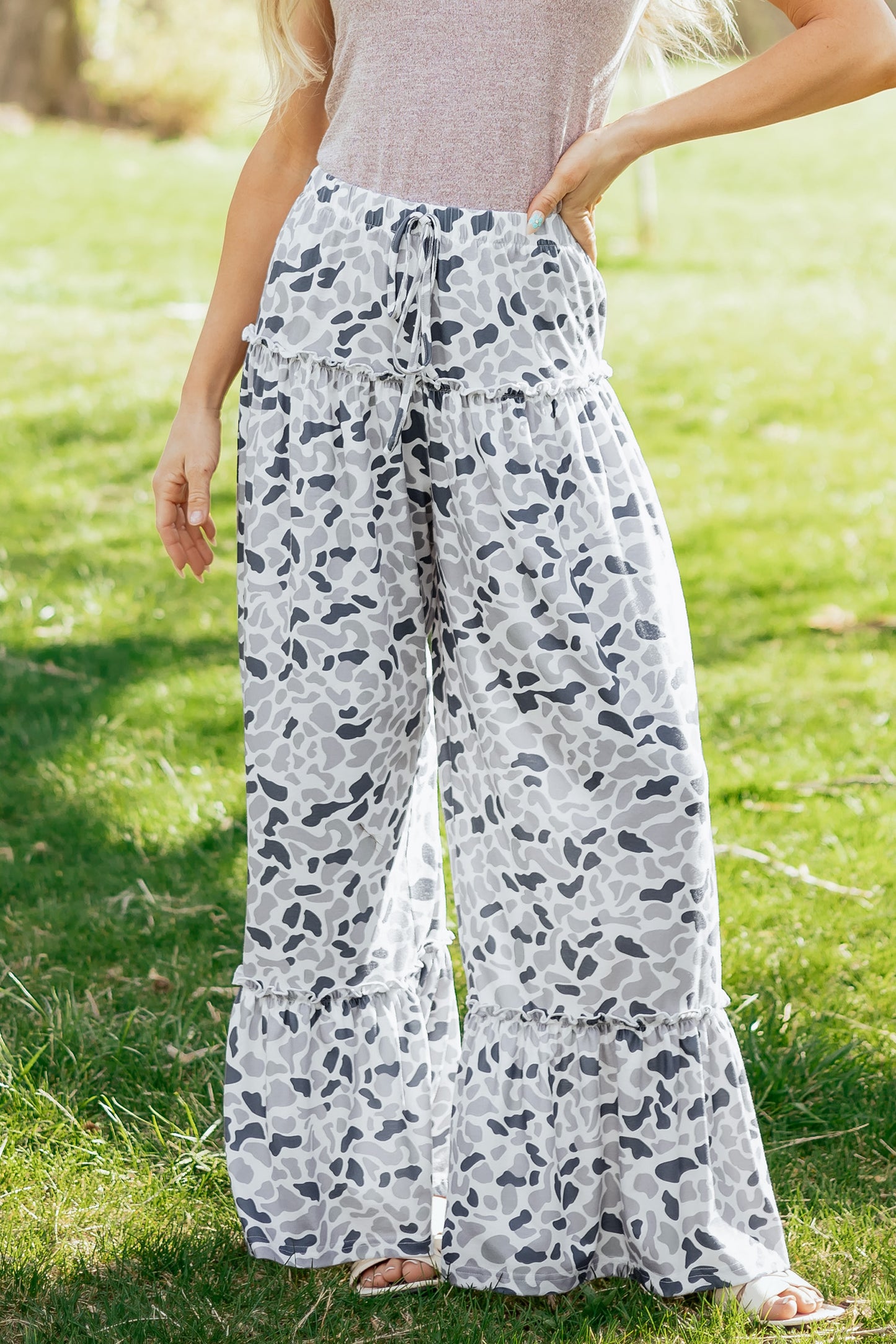 Camo Print Wide Leg Casual Pants