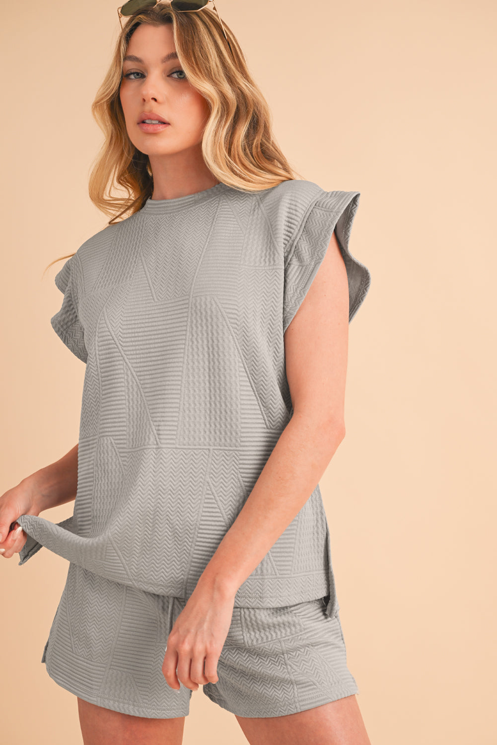 Textured Ruffle Top Shorts Set