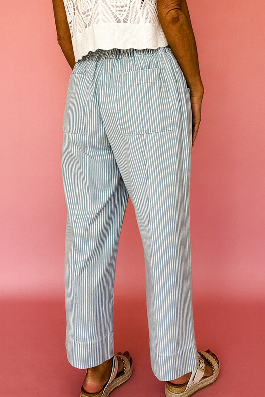 Striped Mid Rise Drawstring Waist Jeans