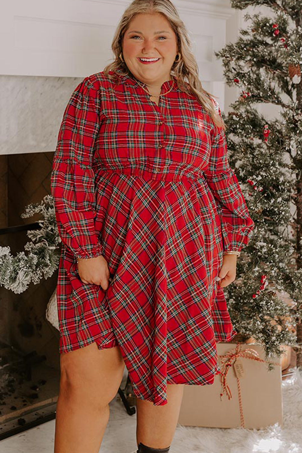 Red Christmas Plaid Holiday Dress - Plus