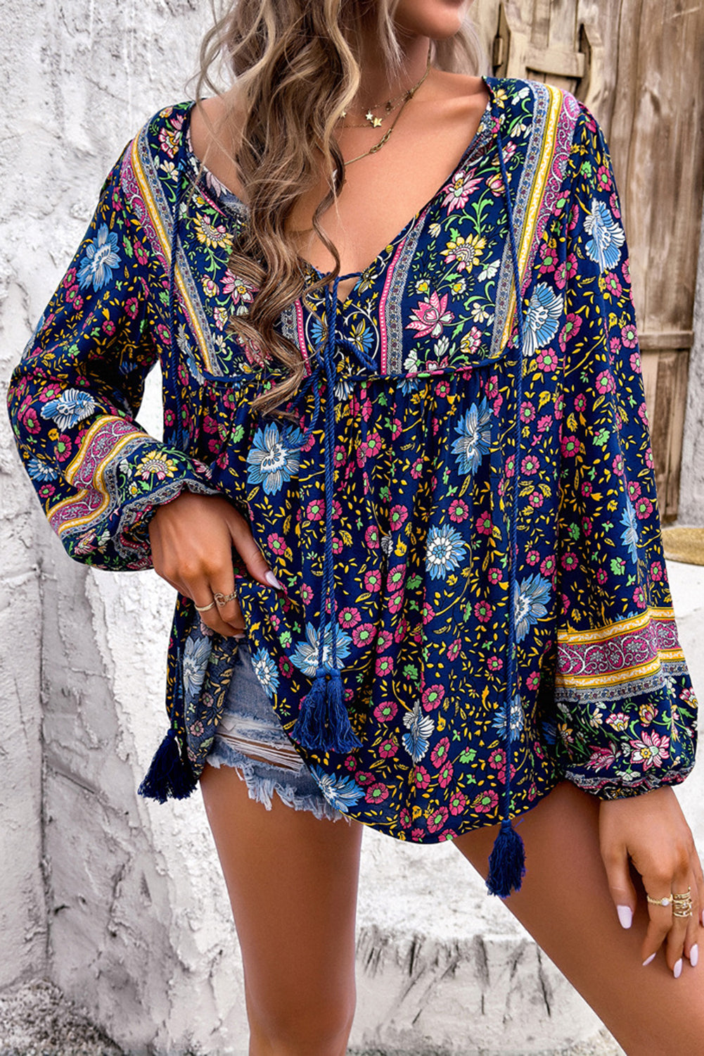 Tassel Tie Front Boho Blouse