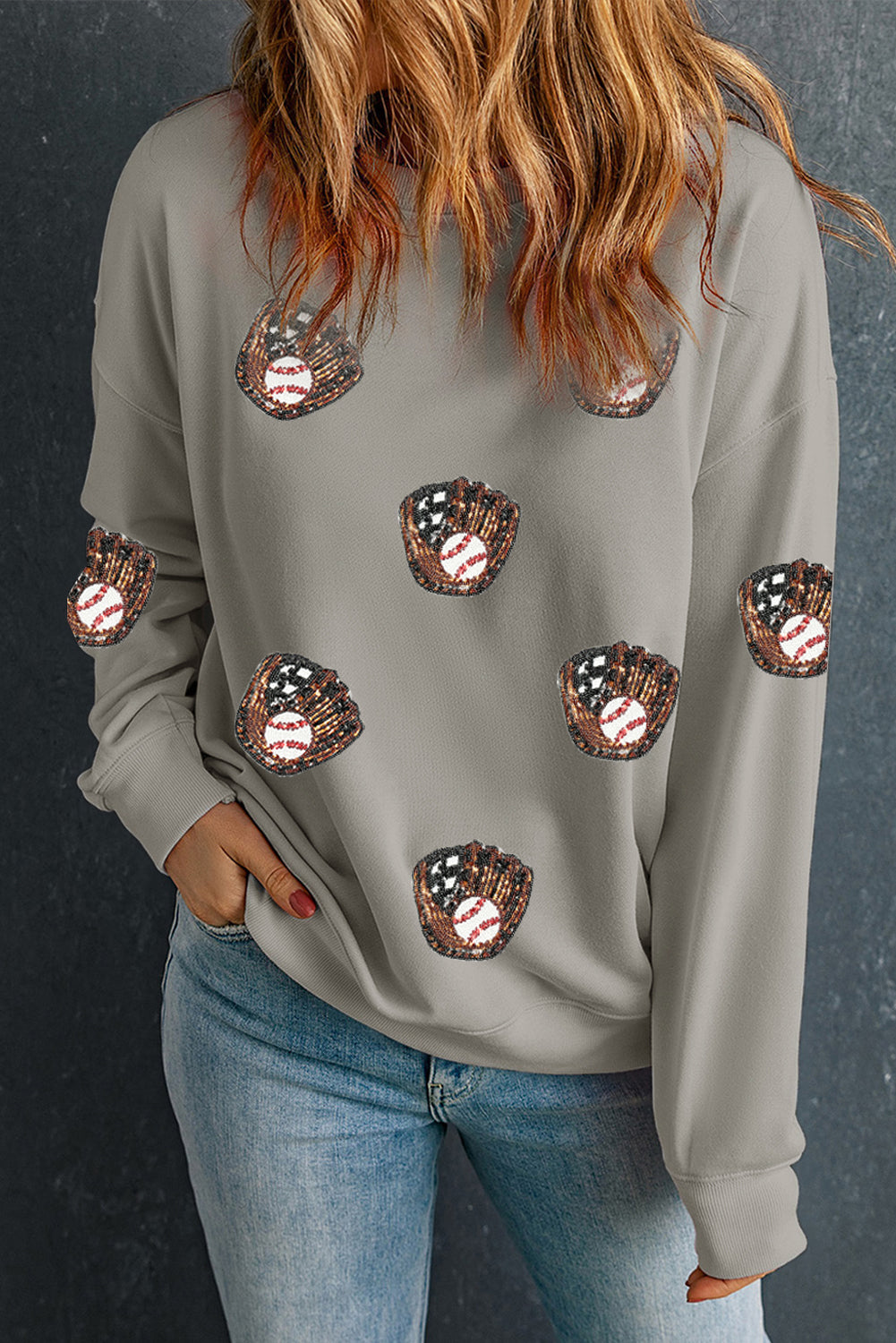 Gray Sequin Baseball Gloves Sweatshirt