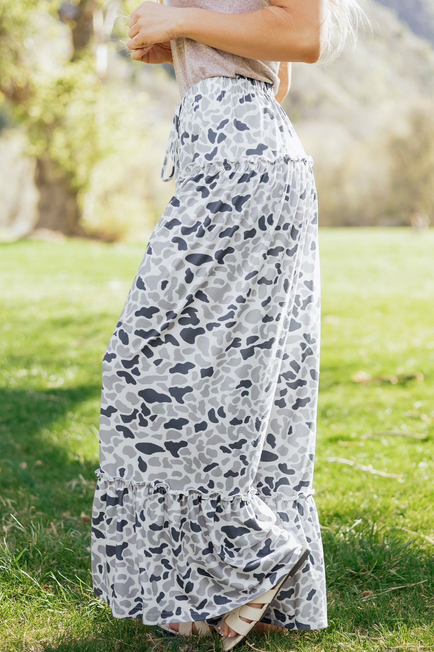 Camo Print Wide Leg Casual Pants
