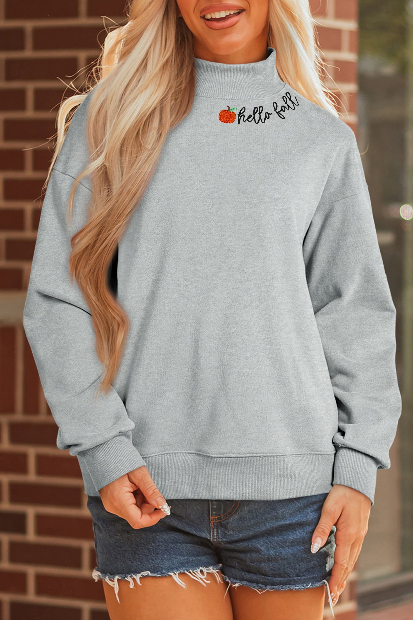 Gray hello fall Embroidered Sweatshirt