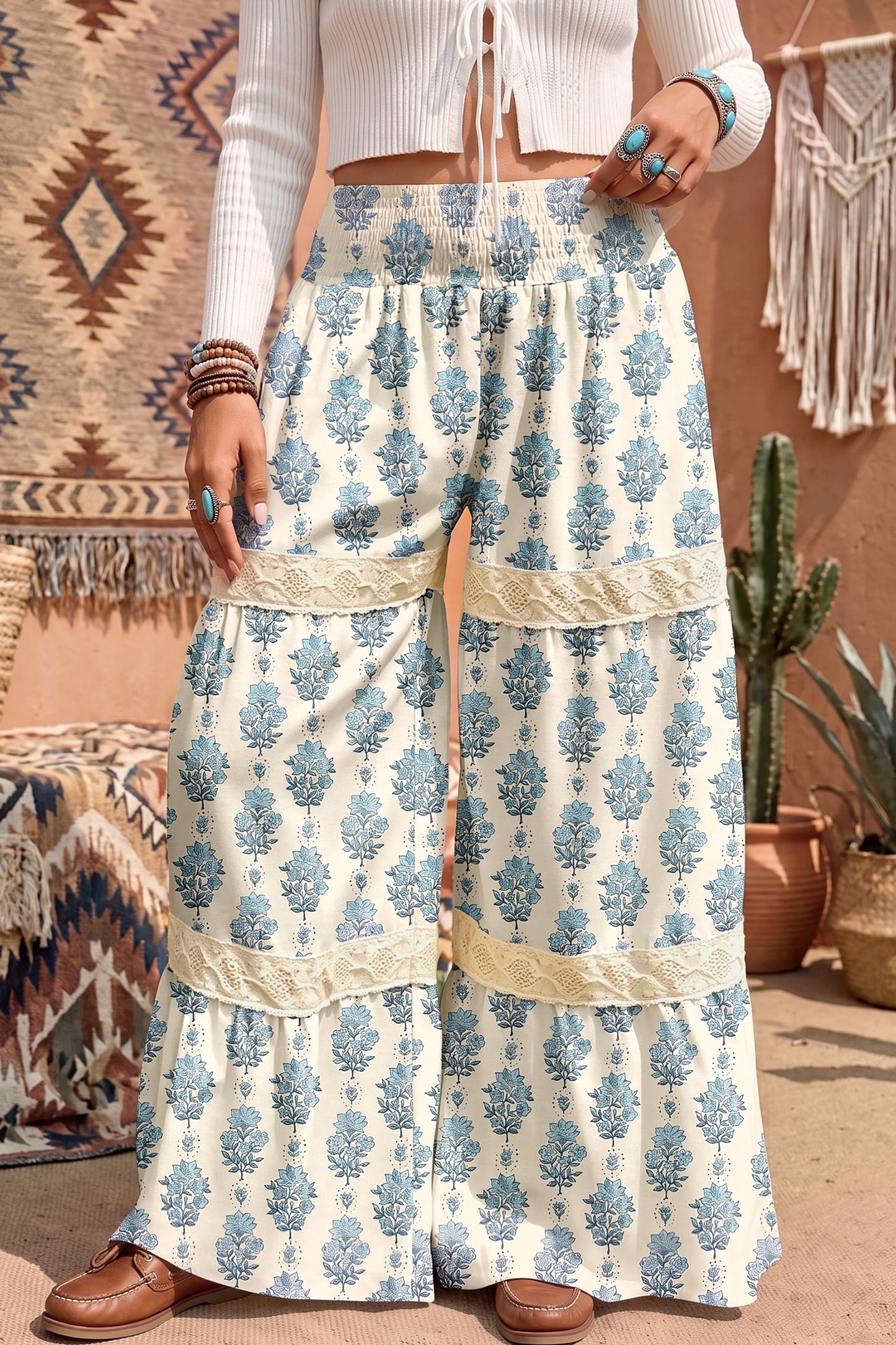 Blue Floral Leg Pants with Lace Detail