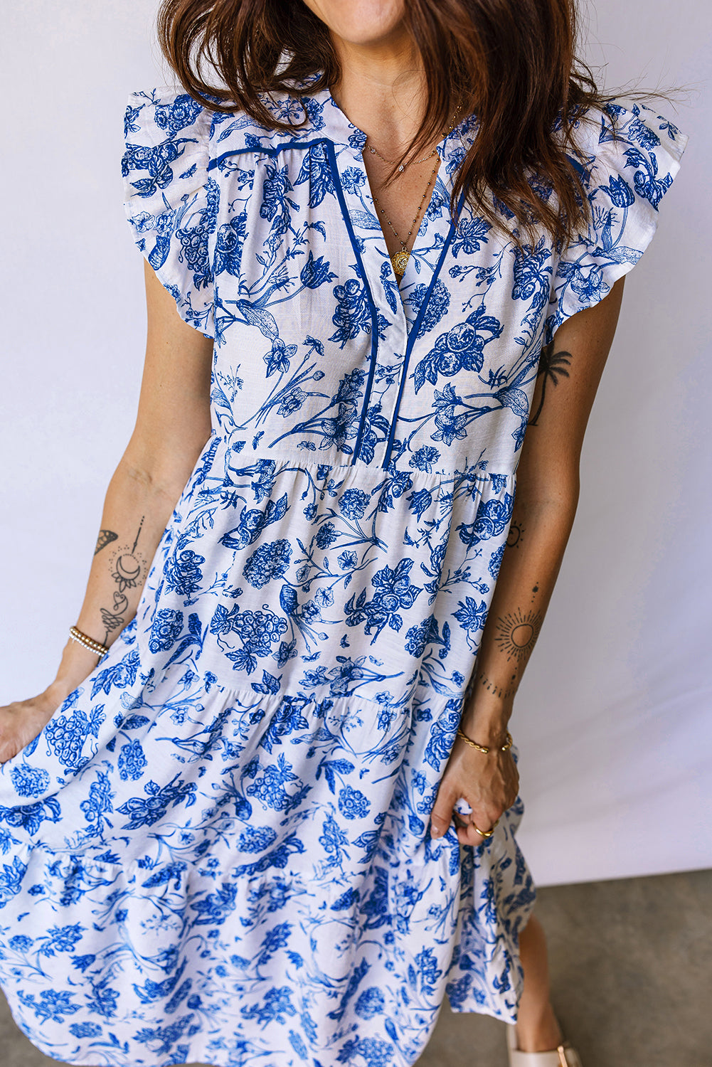 Blue Tiered Floral Midi Dress
