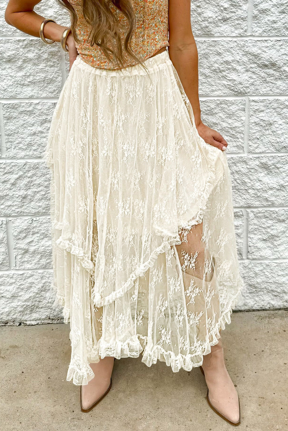 Beige Lace Cascading Tiered Maxi Skirt