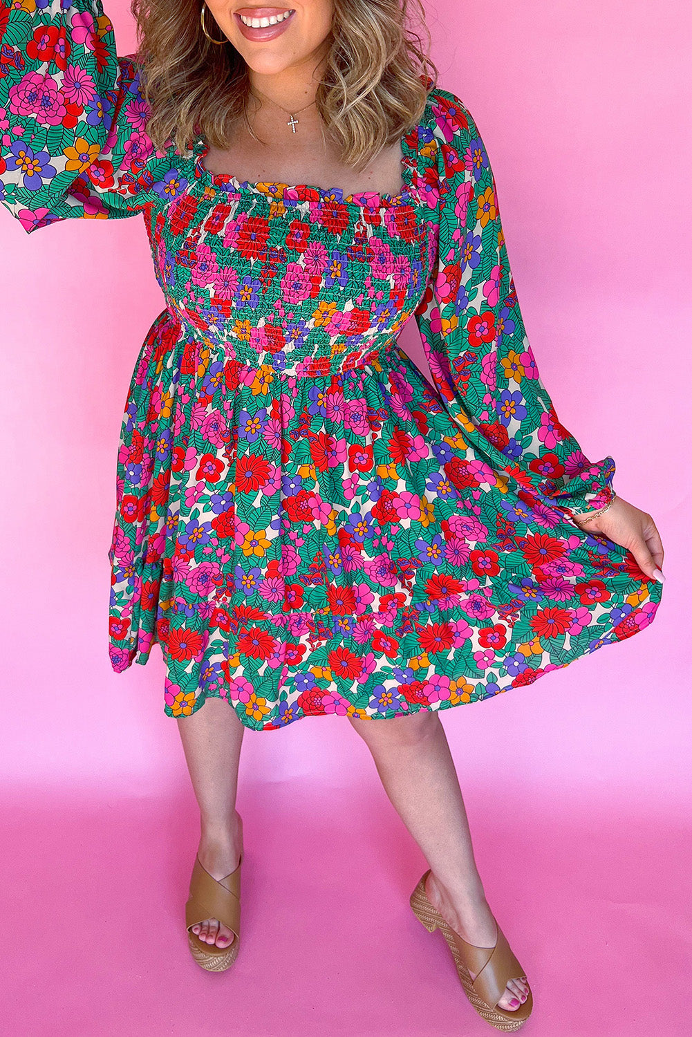 Square Neck Floral Shirred Dress - Plus