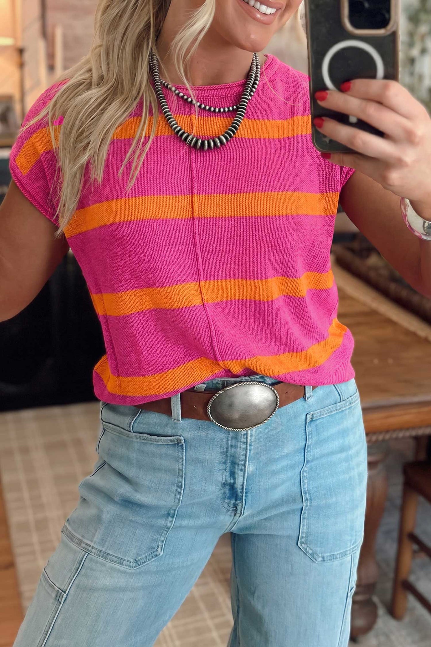 Western Stripe Short Sleeve Sweater